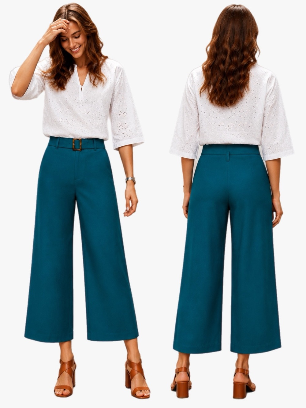 NWT J. Jill Linen Blend Stretch Wide Leg Crop Pants Teal Belted Size Large